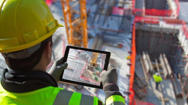 Chef de chantier suivant l'avancement des travaux sur une tablette numérique au Maroc logiciel maroc logiciel suivi de chantier maroc logiciel commercial maroc transformation digitale maroc entreprise développement web maroc logiciel gestion chantier maroc Agence développement application mobile Maroc systême informatique maroc